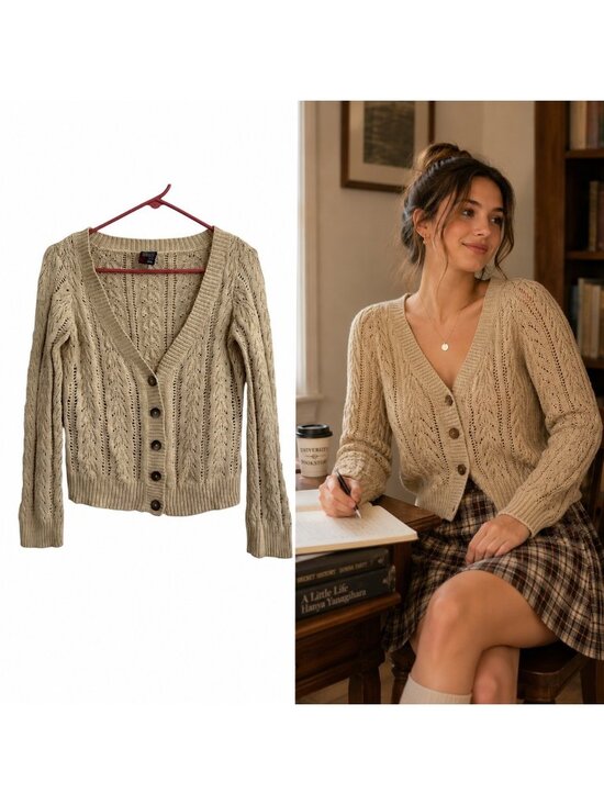 Nautica Sweaters - Nautica Beige Cable Knit Cardigan Cotton Blend Womens S Light Academia Preppy